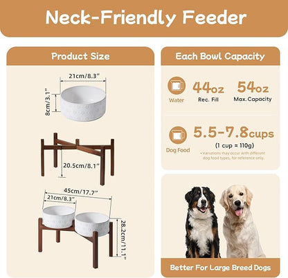 Ceramic 8.2inch Raised Double-Bowl Set with Acacia Wooden Stand, Food & Water Bowls for Large Breed Dogs, Weighted Dog Dishes, Pet Bowl (60 oz)