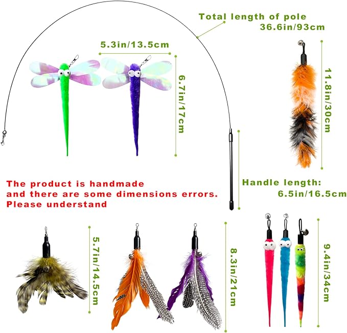 Cat Toy Wand with Pole, 9PCS Feather Refills Interactive Fishing Pole Teaser Rod Toy for Indoor Cats Kittens (9Pcs B)