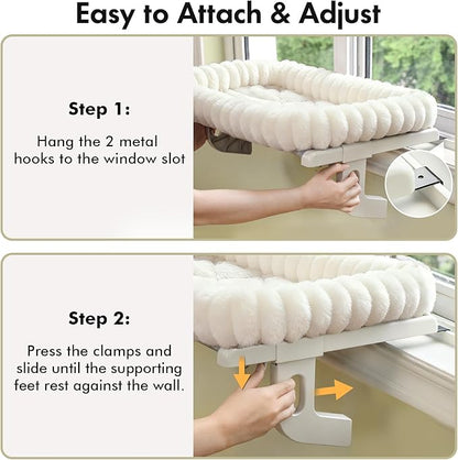Cloud-Cuddle Cat Window Perch with 4-Sided Bolster, Zipper Design Cushion Window Seat for Window Sill, Sturdy Metal Frame & Easy Assembly Pet Hammock Bed for Indoor Cats (White, Large)