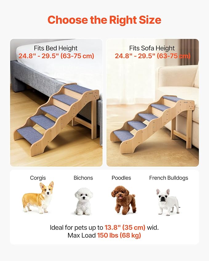 VEVOR Wood Pet Stairs, 5-Step Dog Stairs for High Beds, Sofa & Cars, 150lbs Load Capacity, Non-Slip Surface, Stable Cat & Dog Step Ladder for Small Medium Large Older Pet Puppy Essentials