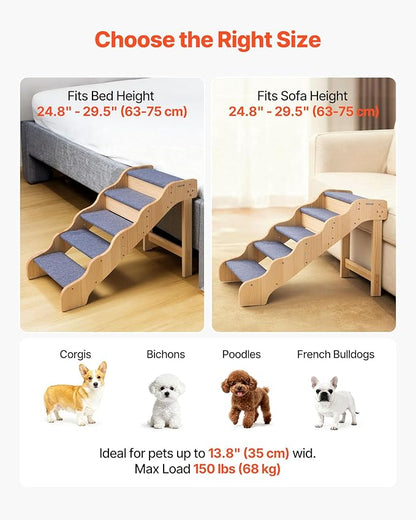 VEVOR Wood Pet Stairs, 5-Step Dog Stairs for High Beds, Sofa & Cars, 150lbs Load Capacity, Non-Slip Surface, Stable Cat & Dog Step Ladder for Small Medium Large Older Pet Puppy Essentials