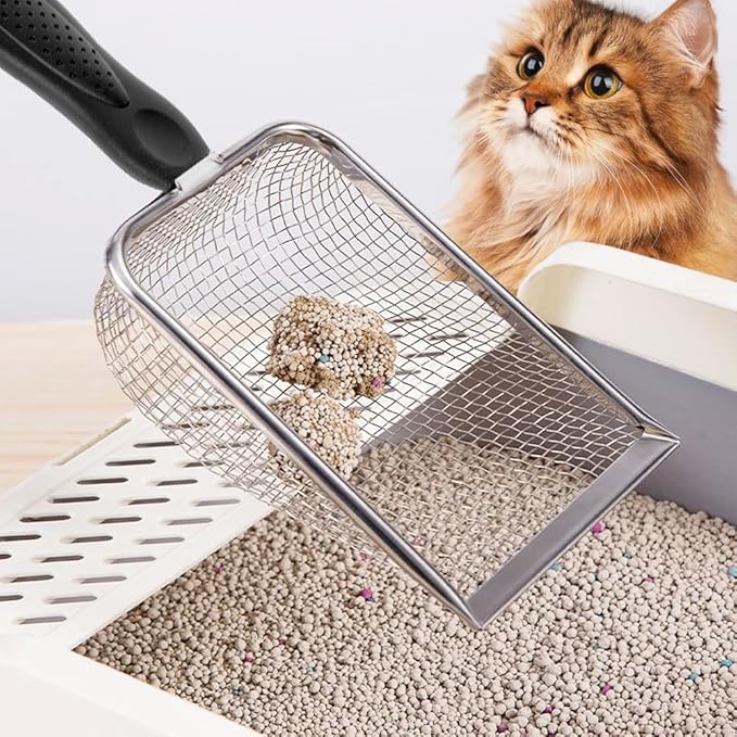 Cat Litter Scoop,Sturdy Litter Cleaner Corner Shovel,Stainless Steel Mesh Litter Shovel,Easy to Clean Reptile Terrarium Sand Waste,Beach Shovel(Black)