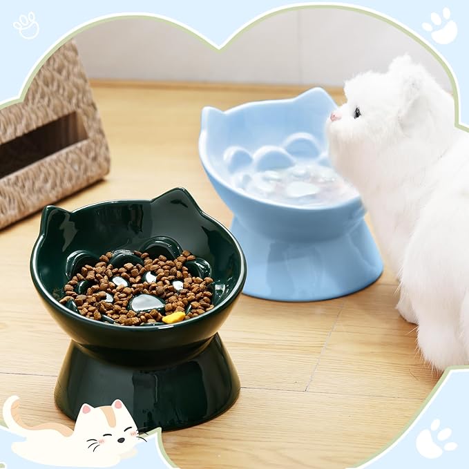 2 Pcs Ceramic Raised Slow Feeder Cat Bowl, 5.91inch Elevated Cat Slow Feeder Bowl Tilted Anti Vomiting for Dry Wet Food and Water Easy to Clean High Edge(Dark Green, Blue)