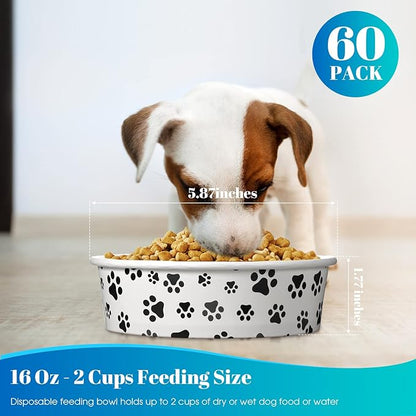 60 Pieces Disposable Paper Dog Bowls Small Dog Dishes with Cute Pattern Pet Feeding Bowls Food and Water Dishes for Puppies Cats Travel Wet Dry Food Water(16 oz)