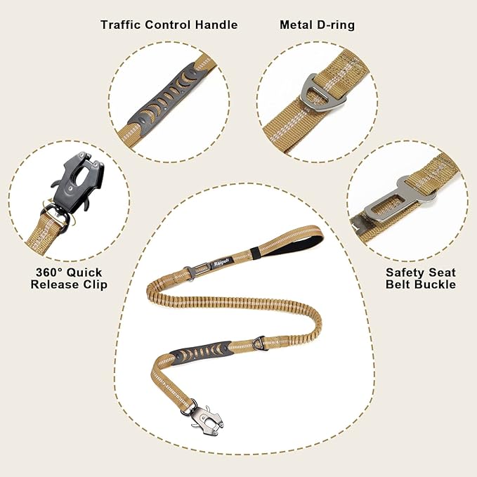 Raipult Heavy Duty Tactical Bungee Dog Leash, 4-6FT No Pull Leash with Quick Release Carabiner, Reflective Shock Absorbing Lead with Car Seatbelt for Medium Large Dogs,Khaki