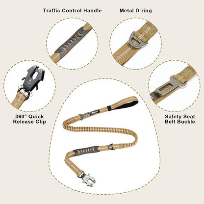 Raipult Heavy Duty Tactical Bungee Dog Leash, 4-6FT No Pull Leash with Quick Release Carabiner, Reflective Shock Absorbing Lead with Car Seatbelt for Medium Large Dogs,Khaki