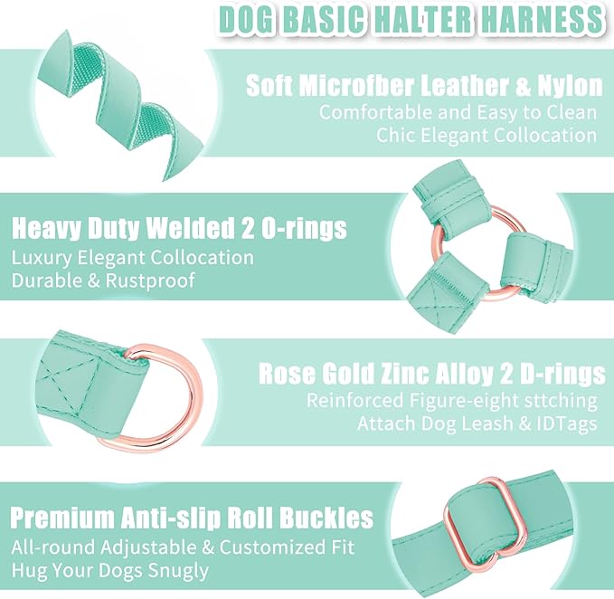 Soft Leather No Pull Dog Harness - Adjustable Step in Dog Harness with Rose Gold Heavy Duty Metal Buckle, Freedom Nylon Dog Halter Vests for Small Medium Large Dogs Easy Walking Training (Green,XS)