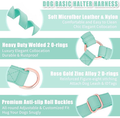 Soft Leather No Pull Dog Harness - Adjustable Step in Dog Harness with Rose Gold Heavy Duty Metal Buckle, Freedom Nylon Dog Halter Vests for Small Medium Large Dogs Easy Walking Training (Green,L)