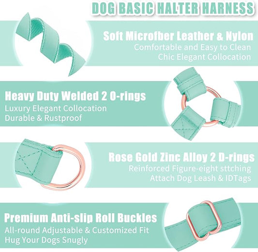 Soft Leather No Pull Dog Harness - Adjustable Step in Dog Harness with Rose Gold Heavy Duty Metal Buckle, Freedom Nylon Dog Halter Vests for Small Medium Large Dogs Easy Walking Training (Green,M)