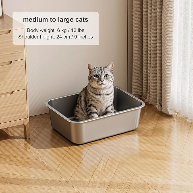 Stainless Steel Litter Box with High Sided, Metal Cat Litter Box, Odor-Free, Non-Stick Litterbox Pan, Easy to Clean Pet Supplies Toilet Tray for Indoor Cats, Kittens or Multicat Homes