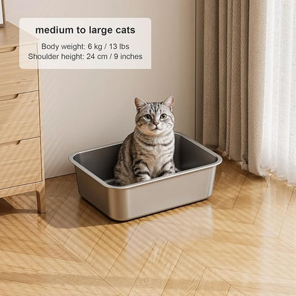 Stainless Steel Litter Box with High Sided, Metal Cat Litter Box, Odor-Free, Non-Stick Litterbox Pan, Easy to Clean Pet Supplies Toilet Tray for Indoor Cats, Kittens or Multicat Homes
