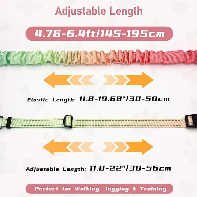 Hands Free Dual Handle Retractable Bungee Leash with Reflective Trim, Adjustable Waist Belt for Dog Walking, Running, Hiking - Durable Nylon Leash for Medium Large Dogs, Green