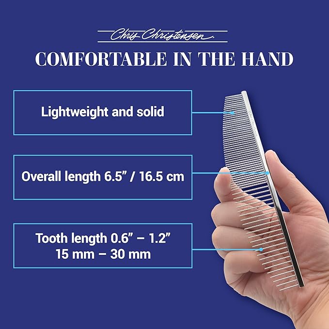 Chris Christensen 00C 6.5 in Crescent Coarse/Fine Finishing Butter Comb, Groom Like a Professional, Rounded Corners Prevent Friction and Breakage, Solid Brass Spin with Steel Teeth, Chrome Finish