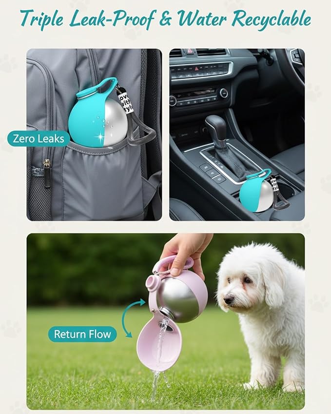 2 in 1 Portable Dog Water Bottle, Water Bottle for Dogs on Walks with Built-in Bowl – Portable Travel Dispenser, Leak Proof Stainless Steel Pet Water-Bottles for Travel Walking Hiking(Pink)