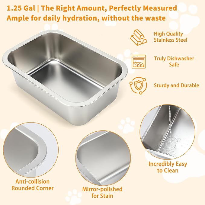 BWOGUE 1.25 Gal Elevated Large Dog Water Bowl, Raised Stainless Steel Bowl Stand Large Breed, 4 Height Adjustable (9", 11", 13", 15") Non-Slip Dog Feeding Station for Joint Pressure Relief Outdoor