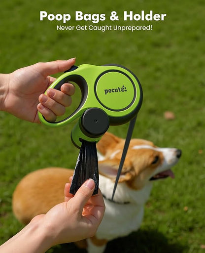 Pecute16ft Retractable Dog Leash with Chew Proof Extender 18'', Lightweight Dog Retractable Leash with Poop Bag Holder, Anti-Slip Grip, Leashes for Puppy and Medium Dogs 11lbs-66lbs (Green)