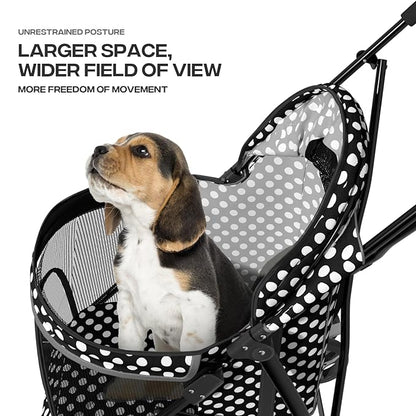 Pet Stroller for Small Dogs & Cats - 10-22lbs, Rear Storage, Black Polka Dots