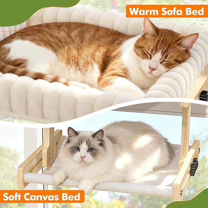 Cat Perch for Window XiaZ Cats Hammock Indoor Cat Bed for Window Adjustable Wooden Frame W/Soft Warm Plush-Lined Cushion Perfect for Bird Watching Sunbathing Space-Saving Easy Install Double Layer