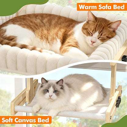 Cat Perch for Window XiaZ Cats Hammock Indoor Cat Bed for Window Adjustable Wooden Frame W/Soft Warm Plush-Lined Cushion Perfect for Bird Watching Sunbathing Space-Saving Easy Install Double Layer