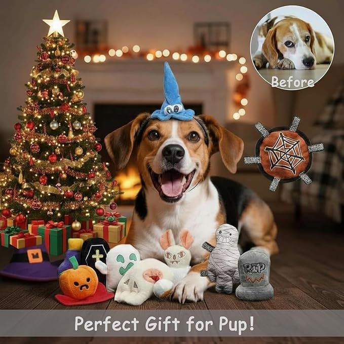 10PC Small Dog Toys Set, Creepy-Theme Puppy Enrichment Small Dog Toys Squeaky & Crinkle Funny Plush Stuffed Christmas Stocking Stuffers Bundle for with Pumpkin, Skeleton, Mummy, Bat & More