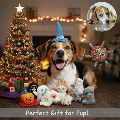 10PC Small Dog Toys Set, Creepy-Theme Puppy Enrichment Small Dog Toys Squeaky & Crinkle Funny Plush Stuffed Christmas Stocking Stuffers Bundle for with Pumpkin, Skeleton, Mummy, Bat & More