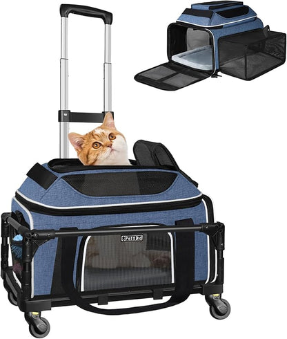 Petskd Top and Side Expandable Pet Carrier with Wheels 17x12x8.5 Inches JetBlue Frontier Spirit Airline Approved, Soft-Sided Carrier for Small Cats and Dogs with Locking Safety Zippers(Blue)
