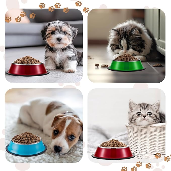 Roshtia 6 Pcs 7 oz Colorful Stainless Steel Dog Bowl Stackable Water and Food Cat Bowl Pet Dishes with Non Slip Silicone Base for Small Medium Dog Cat Kitten