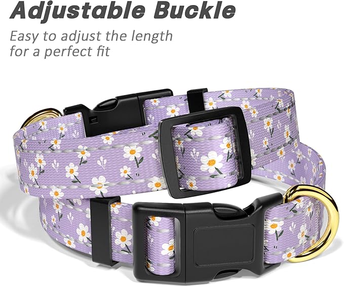 Reflective Dog Collar for Medium Dogs, Cute Flower Theme Adjustable Heavy-Duty Nylon Puppy Collar for Boy and Girl Female, Soft Pet Accessories with Quick Release Buckle, Purple White