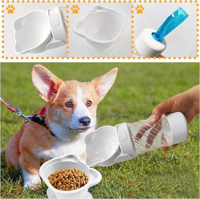 Pet Water Bottle for Dogs,Portable Dog Water Bowl Dispenser,Leak Proof Puppy Travel Bottle with Food Container for Outdoor Walking Hiking (19 OZ,White)