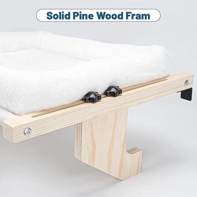 Cat Sill Window Perch - 100% Natural Pine Frame, Soft Rabbit Fur Cushion, Tool-Free Adjustment, Supports 50 lbs (Large-White)