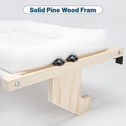 Cat Sill Window Perch - 100% Natural Pine Frame, Soft Rabbit Fur Cushion, Tool-Free Adjustment, Supports 50 lbs (Large-White)