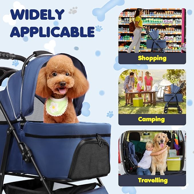 Dog Stroller, 4 Wheels Pet Stroller for Small & Medium Dogs, One-Click Foldable Cat Strollers Up to 45 Ibs with Storage Basket, Cup Holder and Breathable Mesh