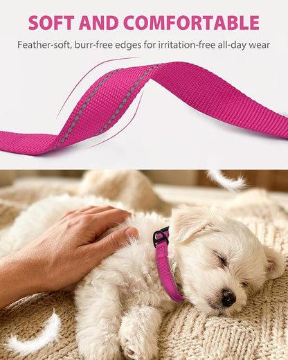 Joytale Dog Collars for Small Dogs, Feather-Light Double-Sided Reflective Nylon Collar for Night Safety, Adjustable Quick-Release for Growing Puppies, Hotpink, S (5/8" Width)