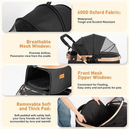Pet Stroller,Dog Stroller for Medium Dogs Up to 52 Lbs,Cat Strollers for 2 Cats with Waterproof Oxford Fiber Detachable Carrier,Poop Bag Dispenser,Adjustable Handle&Canopy,for Senior Dogs&Cats