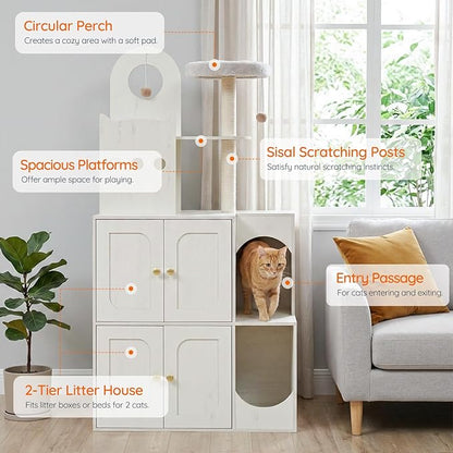 HOOBRO Cat Litter Box Enclosure Furniture for 2 Cats, 2 in 1 Hidden Litter Box Furniture with Sisal Scratching Posts and Dangling Balls, Double Litter Box Cabinet with Cat Tree, Indoor Cat House White