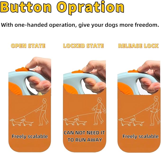 Double Dog Leash for Walking 2 Small Dogs (Up to 33 Lbs Each), Dual Retractable 9.8ft Extendable Strong Nylon Tape Pet Leash with Poop Bags, One-Handed Brake, Pause, Lock (Orange)