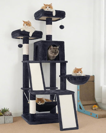 Multi-Level Cat Tree for Indoor Cats, Cat Tower with 2 Scratching Boards, 2 Plush Padding Platforms, Cat Condo House with Hammock, Basket, Smoky Gray GCT022G