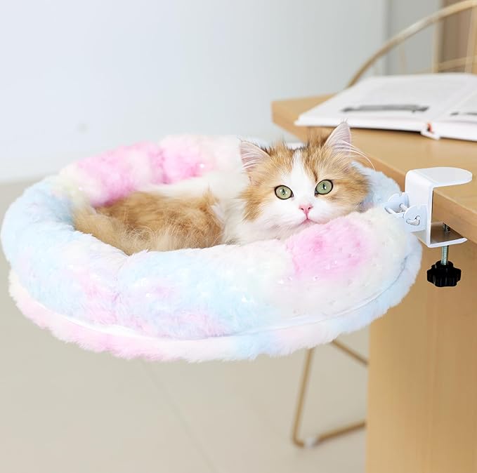 Cat Desk Bed, Cat Perch for Home Office, 360°Rotating & Adjustable Shelf, Removable Comfortable Soft Pet Nest Bed, Modern Unique Kitten Furniture Attachment for Game Tables (Gradient)