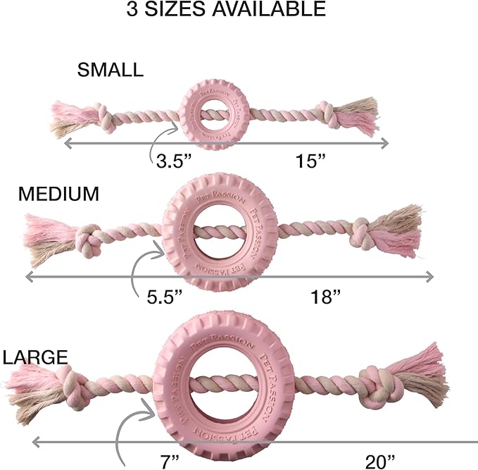 Natural Rubber Tire and Organic Cotton Rope Pull and Chew Dog Toy for All Pet Breeds, Blush, Large