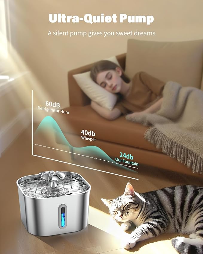 Wonder Creature Cat Water Fountain Stainless Steel, 74oz/2.2L Automatic Quiet Cat Drinking Fountain, Indoor Water Dispenser for Cats, Kittens, Small Dogs and Pets, Circulating Pet Water Fountain