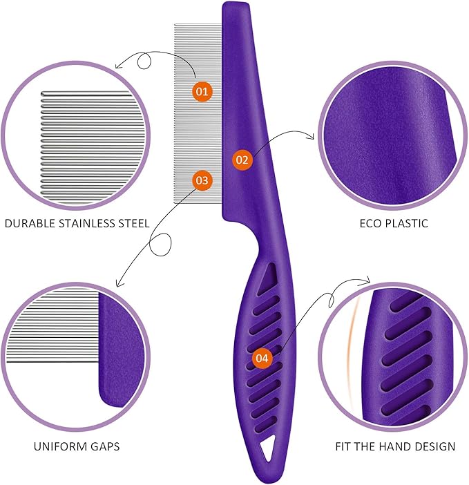 Boao 6 Pack Flea Lice Comb Stainless Steel Dog Cat Grooming Combs with Rounded Teeth, Double Sided Pet Tear Stain Remover Dematting Tool for Pets(Pink, Green, Purple, Yellow)