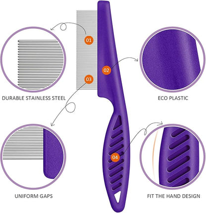 Boao 6 Pack Flea Lice Comb Stainless Steel Dog Cat Grooming Combs with Rounded Teeth, Double Sided Pet Tear Stain Remover Dematting Tool for Pets(Pink, Green, Purple, Yellow)