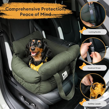 Funny Fuzzy Dog Car Booster Seat for Small Medium Dogs Up to 25lbs, Waterproof Fabric with Non-Slip Base & Safety Leash, Fully Detachable & Machine Washable (Army Green)