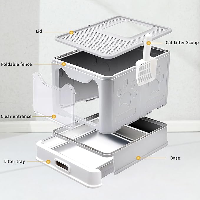 Enclosed Cat Litter Box with Lid Top Exit Covered Metal Stainless Steel Litter Box Leak Proof & Odorless Easy to Clean Including Cat Litter Scoop and Litter Mat