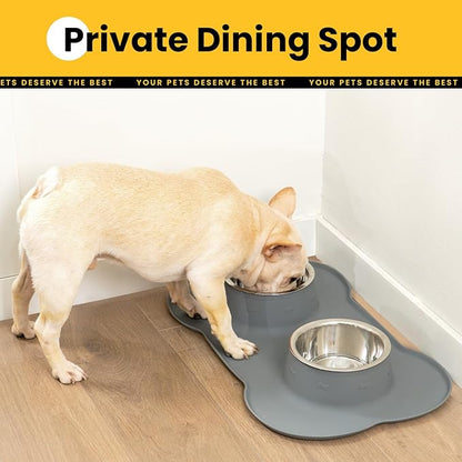 Medium Pet Feeding Station, 29oz Stainless Steel Dog Bowls Set, No Spill Food & Water Dishes with Non Slip Silicone Mat for Breeds Up to 55 Lbs, Grey
