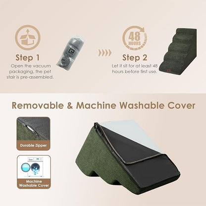 EHEYCIGA Curved Dog Stairs Ramp for High Beds 22.6" H, 5-Step Dog Steps for Small Dogs and Cats, Pet Stairs for High Bed Climbing, Non-Slip Balanced Pet Step Indoor, Military Green