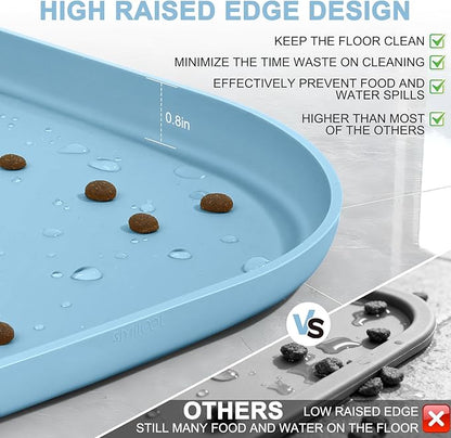 Silicone Pet Food Mat with Raised Edge for Food and Water Bowl, Dog Feeding Mats, Cat Food Trays for Floor Waterproof, Rubber Tray for Dogs and Cats, 22 x 14 x 0.8 Light Blue