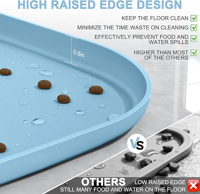 Silicone Pet Food Mat with Raised Edge for Food and Water Bowl, Dog Feeding Mats, Cat Food Trays for Floor Waterproof, Rubber Tray for Dogs and Cats, 24 x 16 x 0.8 Light Blue
