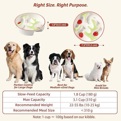 Ceramic Slow Feeder Dog Bowl - Portion Control Feeding Bowl for Medium Dogs - Cute Maze Food Dish for Fast Eaters - 3.1 Cups (310 g) - Doodle Series (Strawberry)