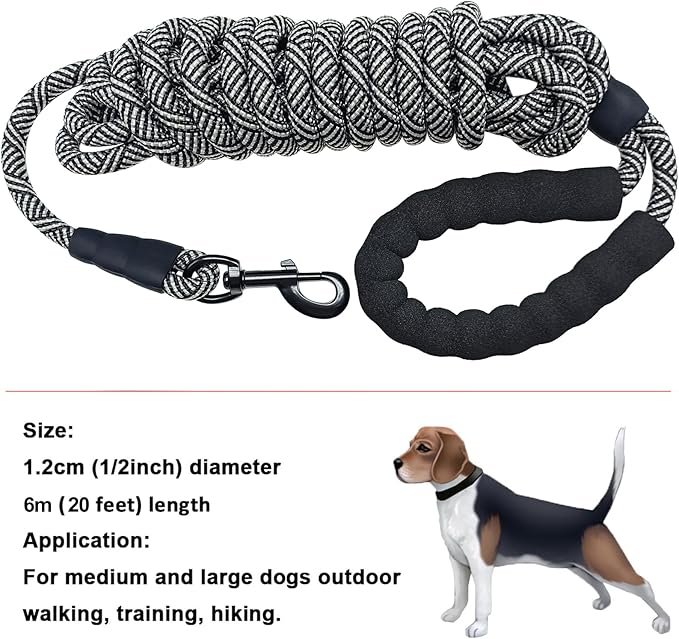 MayPaw Heavy Duty Rope Dog Leash, 3/4/5/6/7/8/10/12/15/20/30 FT Long Dog Lead Nylon Pet Leash, Soft Padded Handle Thick Lead Training Leashes for Large Medium Dogs (20ft * 1/2", Black)